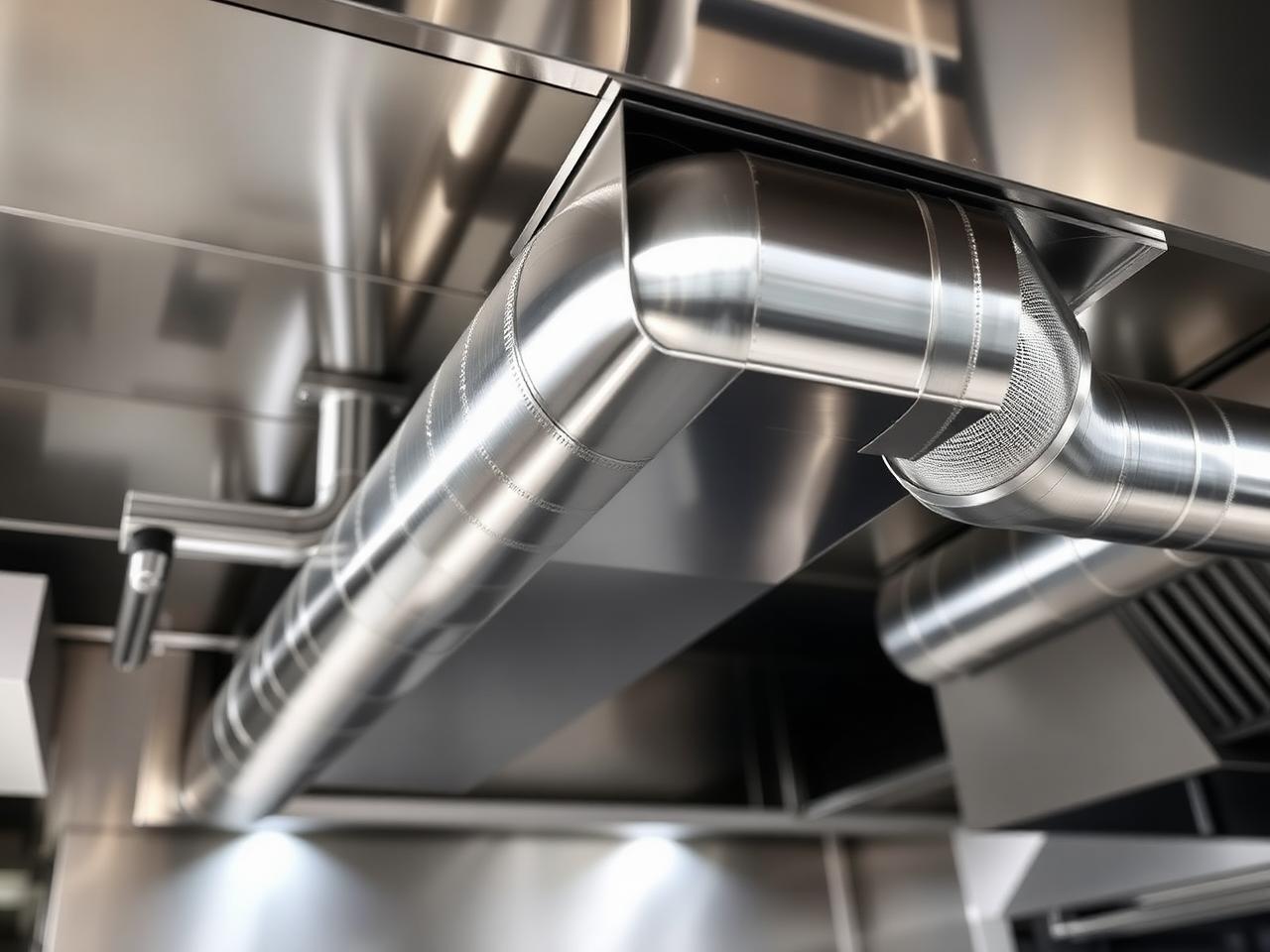 Stainless steel grease duct in commercial kitchen ceiling