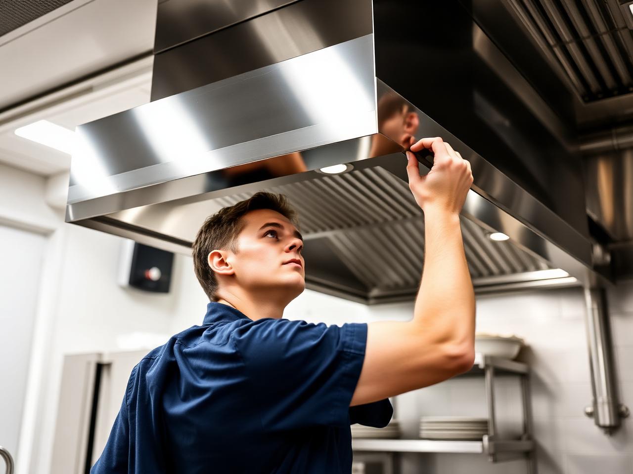 Technician installing a commercial stainless steel kitchen hood