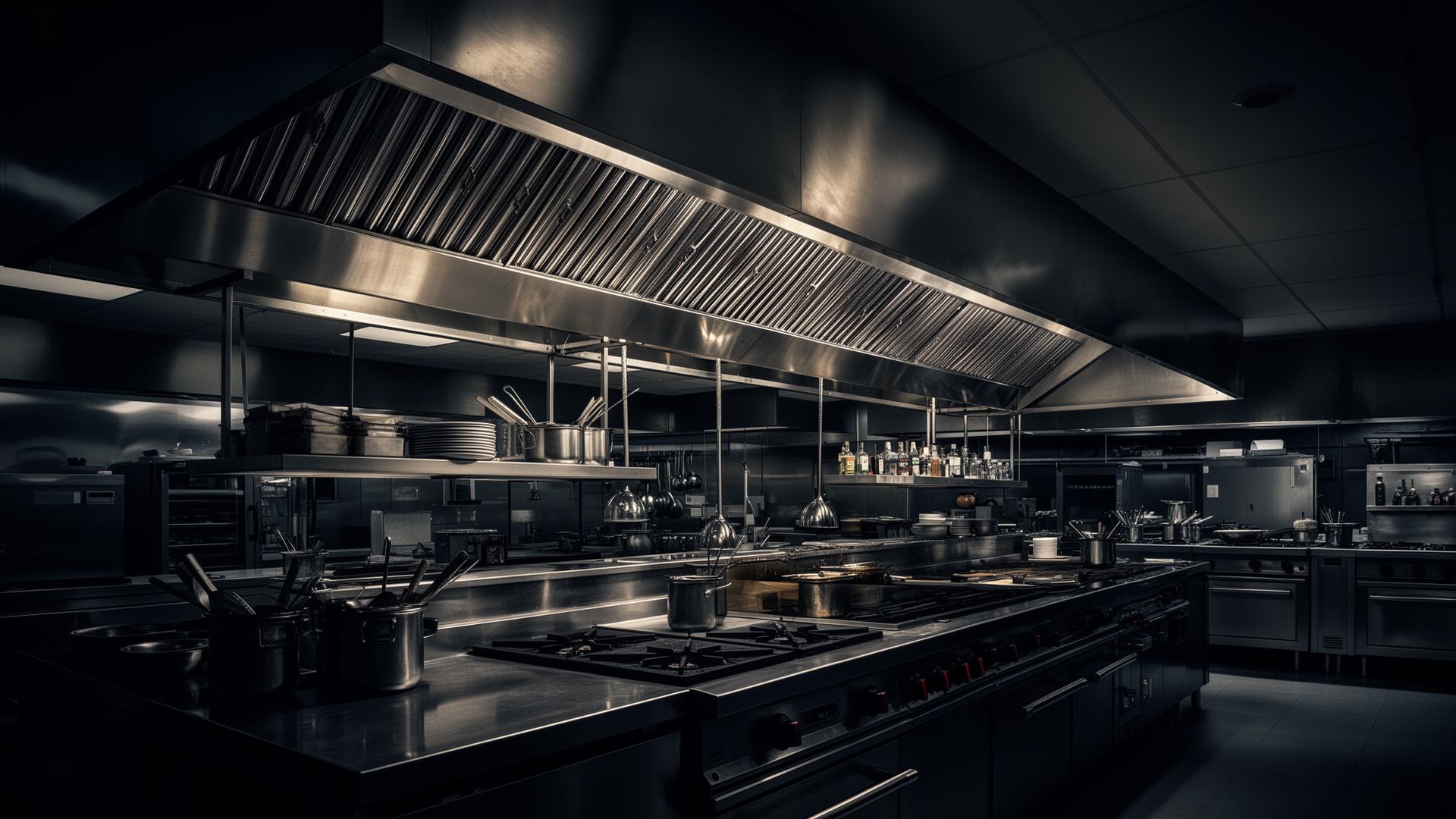 Commercial restaurant kitchen with large stainless steel exhaust hood